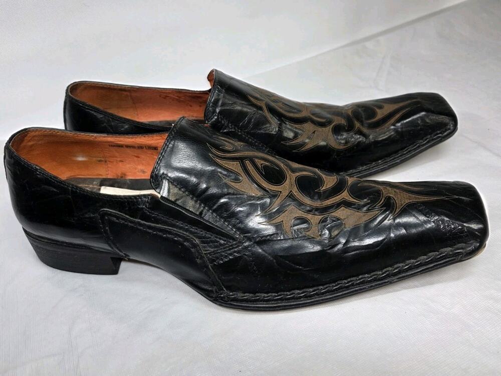 Robert Wayne Beam Black Leather Tribal Pointed Square Toe Loafers Shoes Size 13